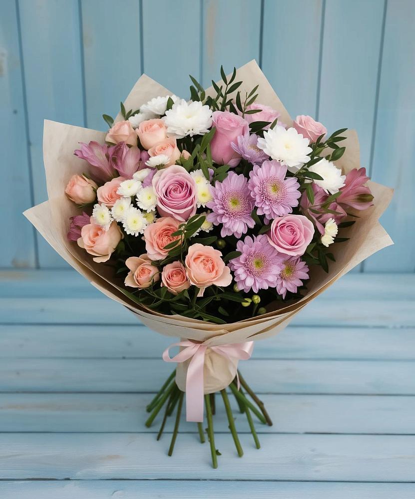 Букет цветов из: Хризантемы, Розы и Альстромерии в Лениногорске