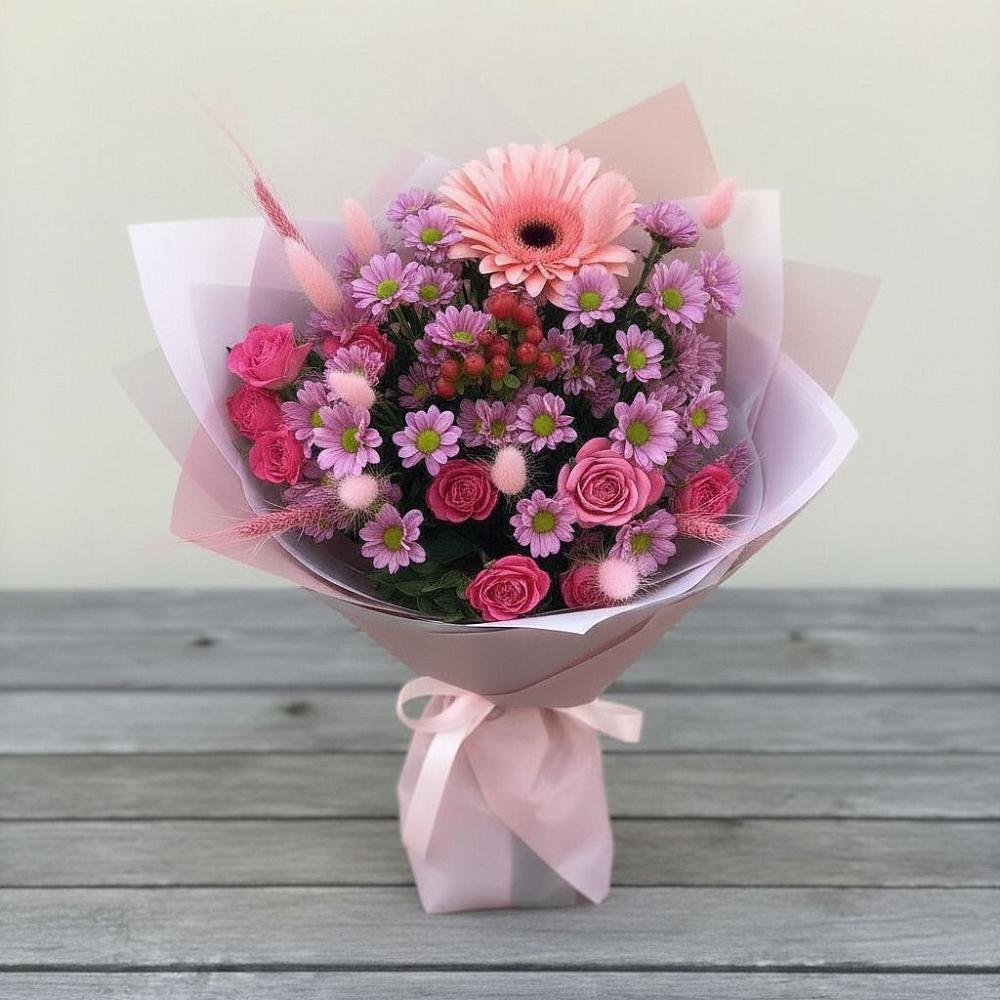 Букет цветов из: Розы, Герберы и Хризантемы в Лениногорске