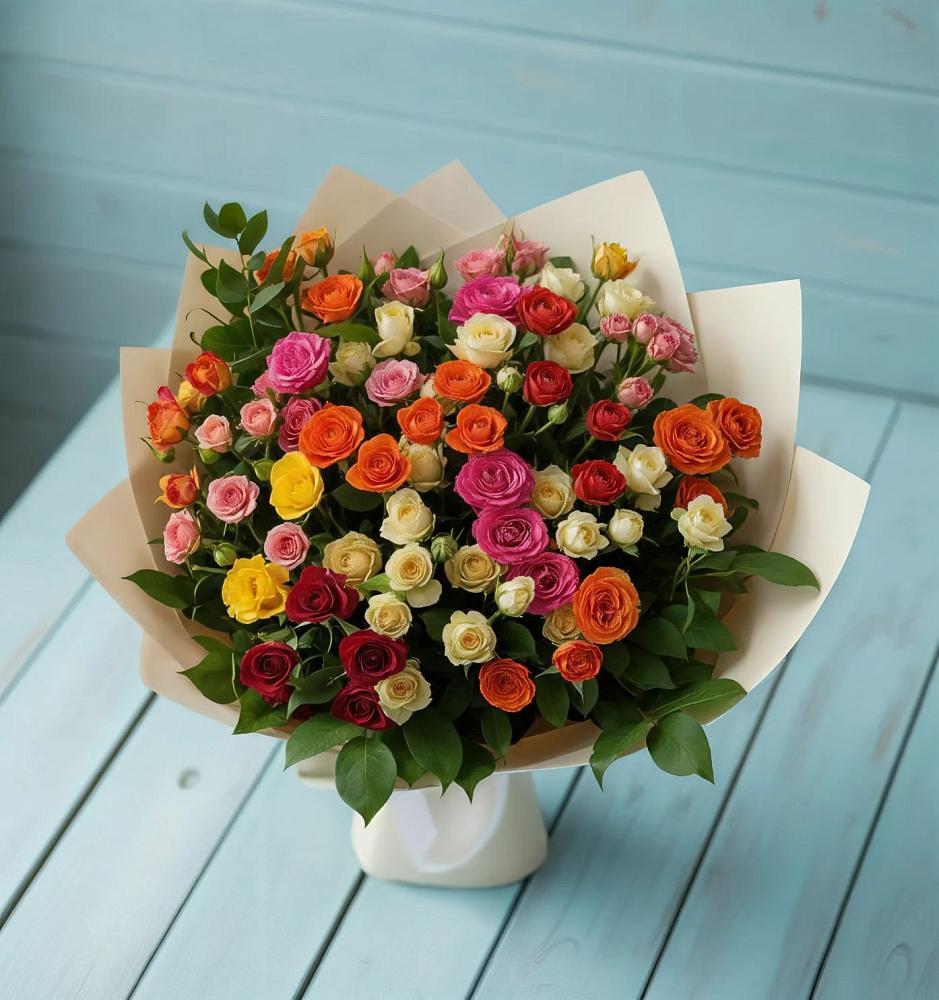 Букет Микс из разноцветных кустовых роз в Лениногорске