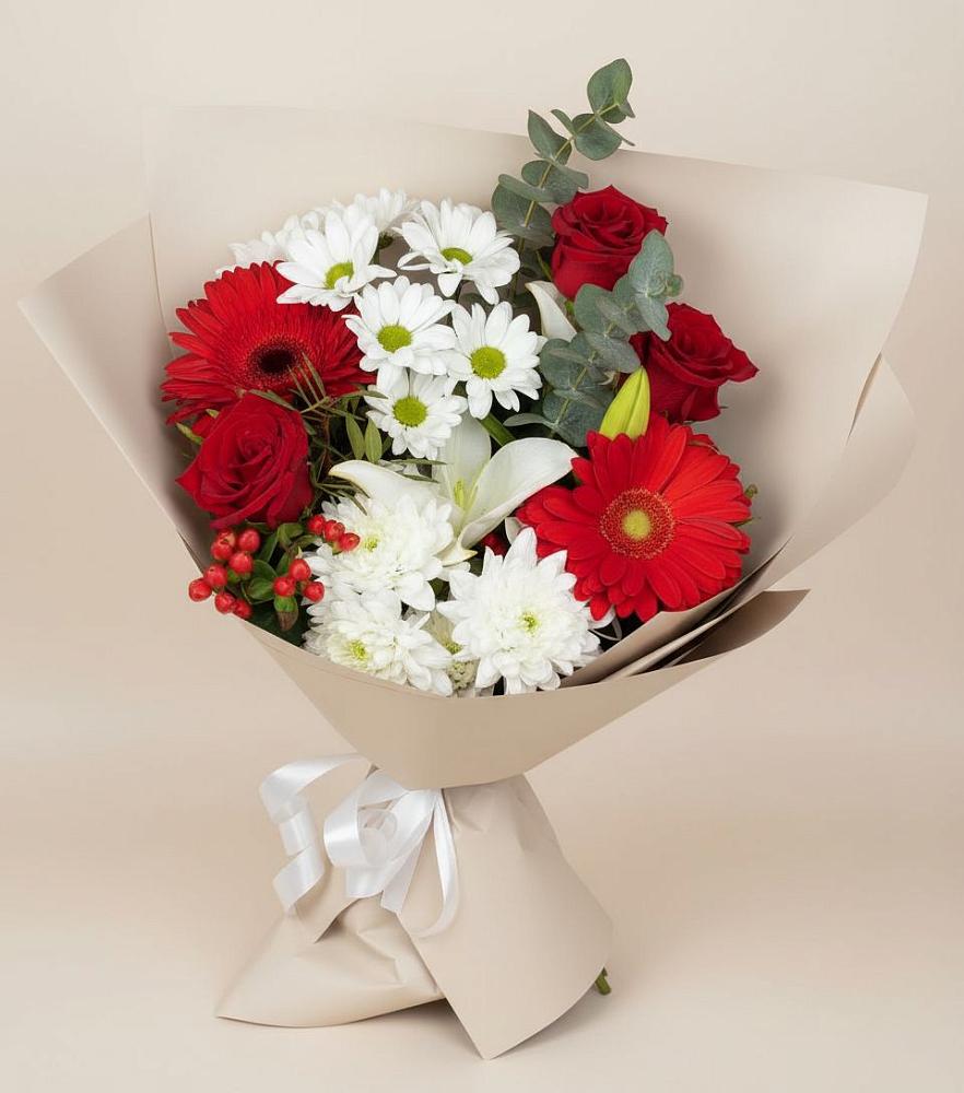 Букет цветов из: Розы, Хризантемы, Герберы и Лилии в Лениногорске
