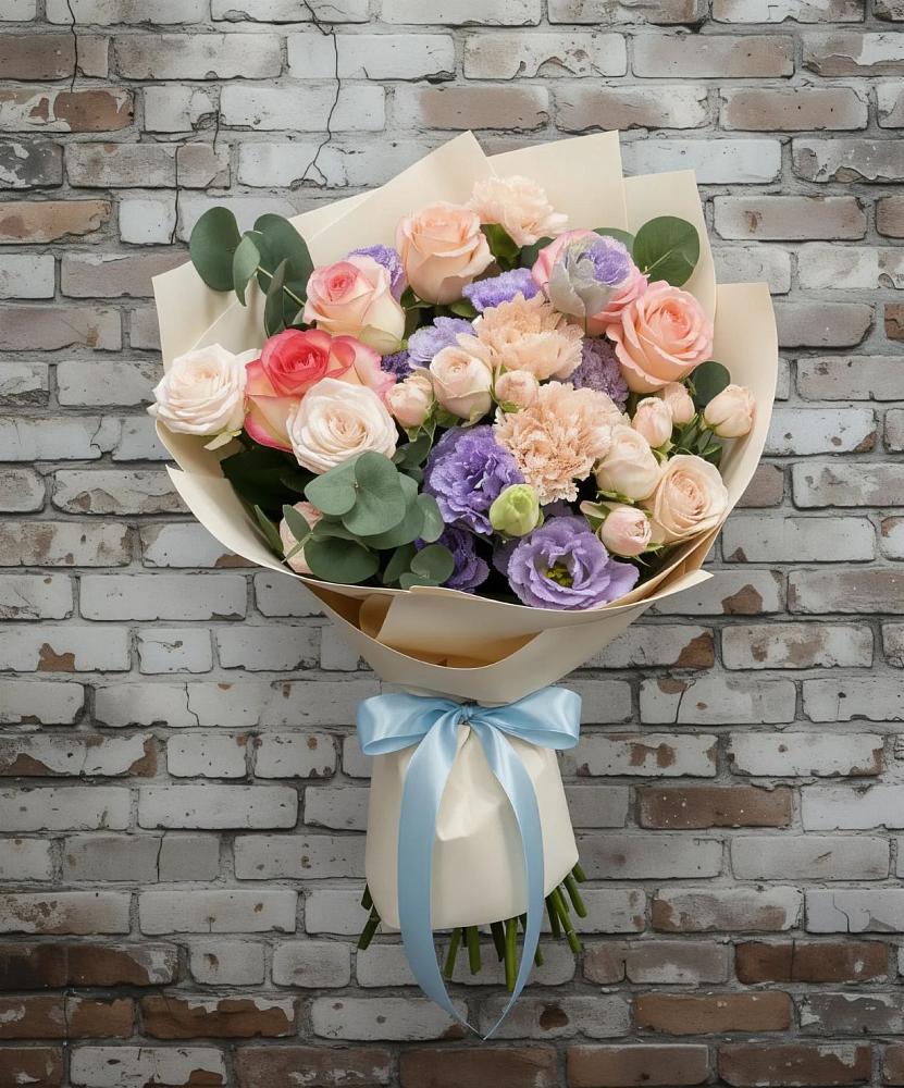 Букет цветов из: Розы, Лизиантусы и Гвоздики в Лениногорске