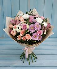 Букет цветов из:  Хризантемы, Розы и Альстромерии в Лениногорске