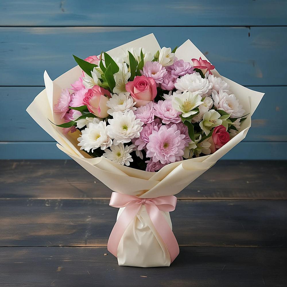 Букет цветов из: Хризантемы, Альстромерии и Розы в Лениногорске